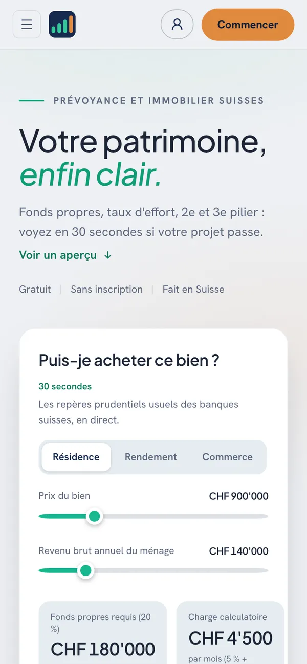 Patrimo.ch affiché sur un téléphone : le même simulateur, avec des curseurs dimensionnés pour le tactile.
